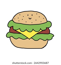 Cute Smiling Cheeseburger Doodle Cartoon with Lettuce and Cheese. Hand-drawn doodle style, perfect for kids' products, food-related content, or fun branding.