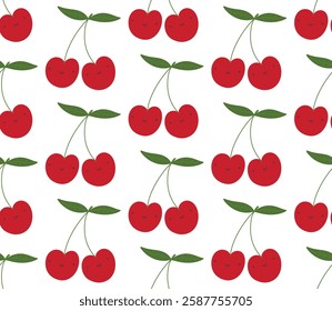 Cute smiling cherries with kawaii smile face seamless pattern background. Simple hand drawn childish vector illustration print