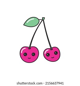 Ilustración del vector Cute Smiling Cherries. Cerezas rosas al estilo Kawaii aisladas en un fondo blanco
