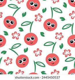 Cute smiling cherry berry seamless pattern, cartoon kids design