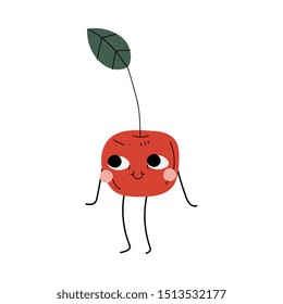 Cute Smiling Cherry, Cheerful Berry Character with Funny Face Vector Illustration