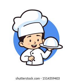 Cute smiling chibi boy holding silver platter, logo mascot illustration