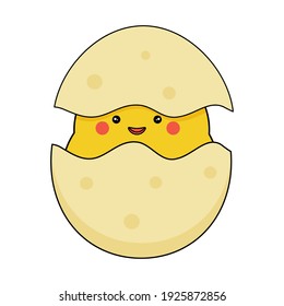 A cute smiling chicken hatched from an egg. Cartoon style illustration for Easter and other designs. Vector isolated on white