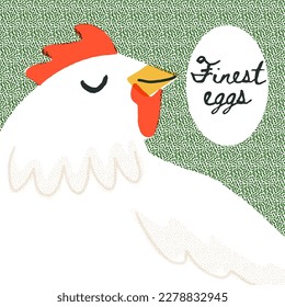 Cute smiling chicken near the egg with a place for text. Retro-style artistic advertising banner, poster with the Finest eggs text. Easter symbol. Hand-drawn happy rooster. Vector illustration.