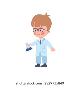 Cute smiling child boy in scientist costume and glasses holding flask flat style, vector illustration isolated on white background. Decorative design element, children profession, happy character