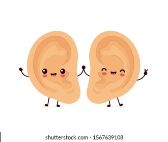 Cute smiling child happy 2 two human ear couple.Vector doodle flat ears cartoon character illustration.Isolated on white background.Human baby kids two ear cartoon character,anatomy,child body concept