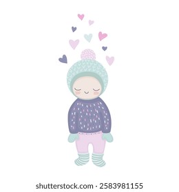 Cute smiling child with hearts, cartoon character in beanie, sweater and mittens, romantic postcard