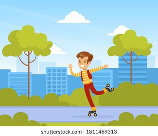 Cute Smiling Child Roller Skating, Kid Summer Outdoor Activity Cartoon Vector Illustration