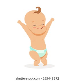 Cute smiling child standing with his arms raised, colorful cartoon character vector Illustration