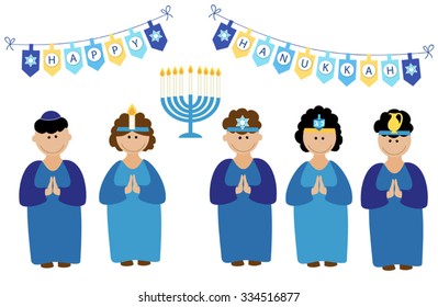 Cute smiling children characters in costumes celebrating Hanukkah