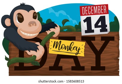 Cute, smiling chimp over wooden sign holding a liana, loose-leaf calendar with reminder date and sign to celebrate Monkey Day this December 14.