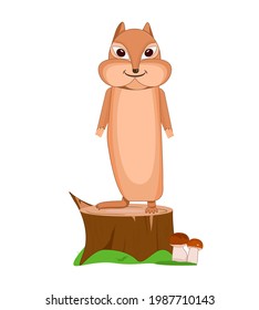 A cute smiling chipmunk stands on a tree stump. Mushrooms grow near the stump. Green grass. Isolated on a white background. Cartoon style. Vector illustration