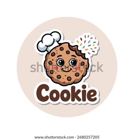 Cute, smiling chocolate chip cookie character wearing a chef's hat, with sprinkles and the word "Cookie".