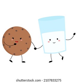  Cute sonriente elije galleta de chip y vaso de leche en el amor. Postales del Día de San Valentín. Ilustración con personajes divertidos.