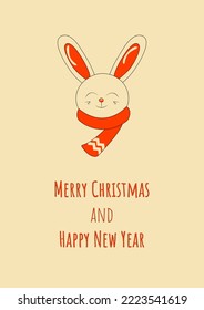 Cute Smiling Christmas Bunny Wearing a Scarf Merry Christmas and Happy New Year Greeting Card or Background in Retro Style
