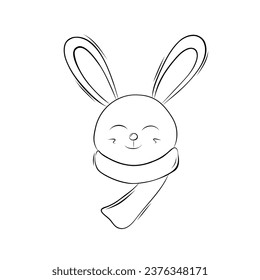 Cute Smiling Christmas Bunny Wearing a Scar Decorative Element in Doodle Style. Christmas coloring book. Simple Vector Illustration.