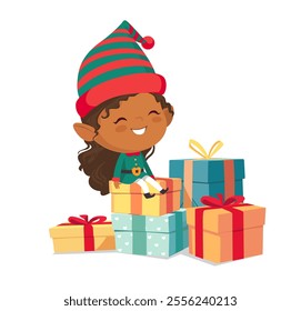 Cute and smiling Christmas elf girl sitting on gifts decorated with bows. Happy cute little African American girl in green elf costumes and pile of gifts