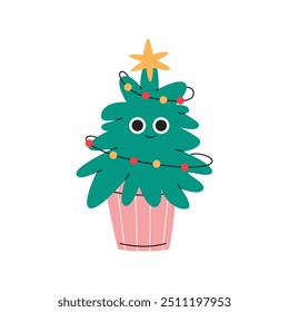 Cute smiling christmas tree in a bucket. Home decoration. Funny childish fir tree with garlands. Christmas tree with faces in flat design.