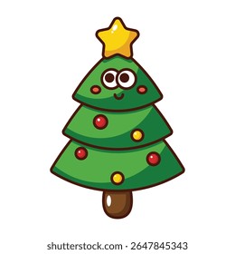 Cute smiling Christmas tree cartoon icon with star and ornaments isolated on white background