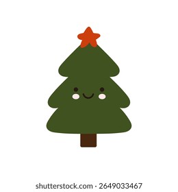 cute smiling christmas tree illustration in flat style with red star on top for holiday greeting design and winter decor
