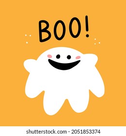 Cute smiling chubby ghost on a yellow background with the inscription boo. Vector card illustration with ghost character isolated on background.
