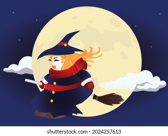 A cute smiling chubby witch with blue dress is flying with a broom on full moon day with blue sky and cloud.