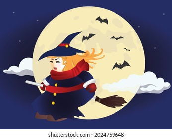 A cute smiling chubby witch with blue dress is flying with a broom on full moon day with blue sky and cloud.