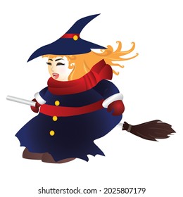 A cute smiling chubby witch with blue dress is flying with a broom on white background
