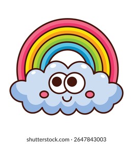Cute smiling cloud with colorful rainbow cartoon icon isolated on white background