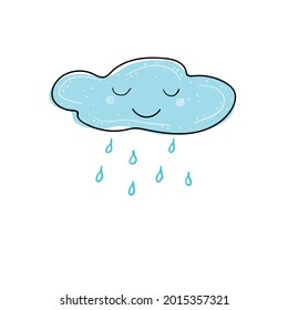 Cute smiling cloud with colorful raindrops on a white background. Hand-drawn. Vector illustration.