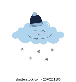 Cute smiling cloud in hat and snowflakes. Cartoon character in flat style. Isolated vector illustration 