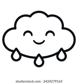 Cute smiling cloud line art with raindrops, ideal for children's content, weather icons, or educational materials.