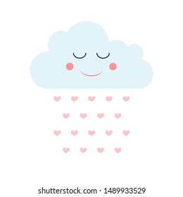 Cute smiling cloud of love, children illustration. Blue cloud with falling hearts.  Nursery art for boys and girls. Card design.