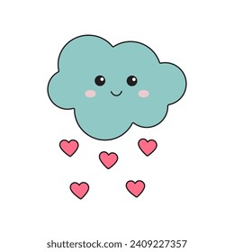 Cute smiling cloud with love rain from hearts. Lovely valentine day romantic concept in kawaii cartoon style.
