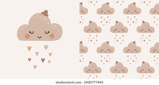 Cute smiling cloud print and seamless pattern. Can be use for posters, cards, flyers, banners, baby wears. Vector illustration