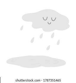 Cute smiling cloud with rain drops and puddle. Vector autumn weather character isolated on white background. Fall season kawaii icon for print, sticker, postcard. 
