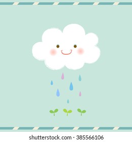 Cute smiling cloud and rain drops falling on the green sprout