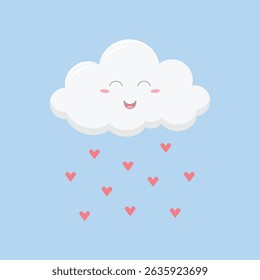 Cute smiling cloud and rain of hearts. Cartoon character weather vector illustration.