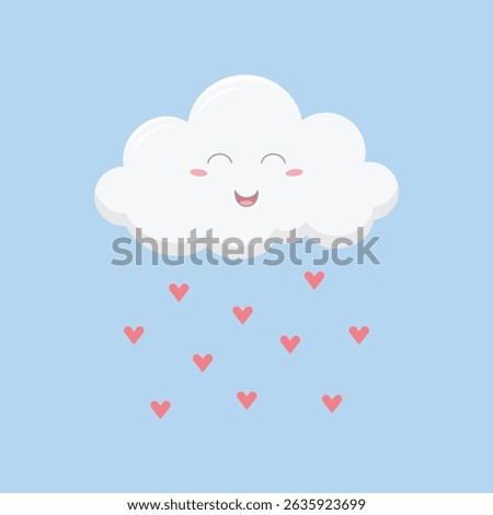 Cute smiling cloud and rain of hearts. Cartoon character weather vector illustration.