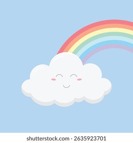 Cute smiling cloud with rainbow. Cartoon character weather vector illustration.