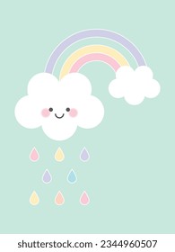 Cute smiling cloud and rainbow. Vector illustration.