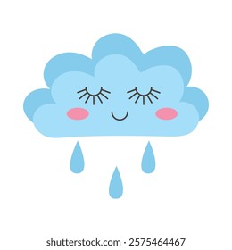 Cute Smiling Cloud with Raindrops. Adorable cloud with a smiling face, rosy cheeks and raindrops on white background, perfect for children's designs