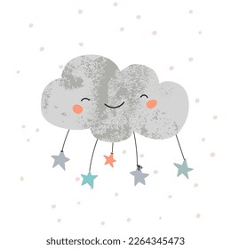 Cute smiling cloud, starry sky, doodle background. Night dream Illustration of kind cloud and stars. Artistic nursery hand drawn illustration in scandinavian color style