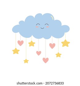 Cute smiling cloud with stars and hearts. Cartoon character in flat style. Isolated vector illustration