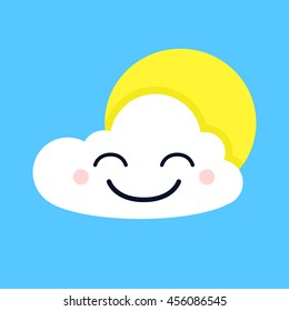 Cute smiling cloud and sun on the blue background. Vector weather icon. Character.