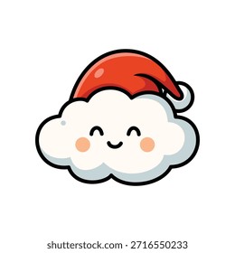 Una nube sonriente linda que lleva un sombrero rojo de Santa con ribete blanco y pompones. Las mejillas rosas y los ojos cerrados le dan un ambiente festivo alegre. Ideal para diseños temáticos de Navidades, ilustraciones para niños o acogedores gráficos invernales.
