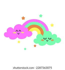 Cute smiling clouds with colorful rainbow and stars. Baby cute vector illustration