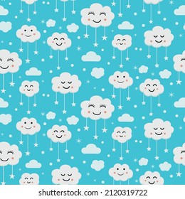 Cute smiling clouds with hanging  stars seamless pattern on blue background. Great for kids textile, baby shower and nursery wall 