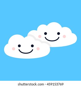 Cute smiling clouds on the blue background. Vector weather icon.