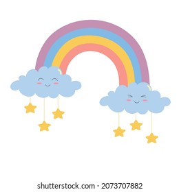 Cute smiling clouds with stars and rainbow. Doodle style. Isolated vector illustration 